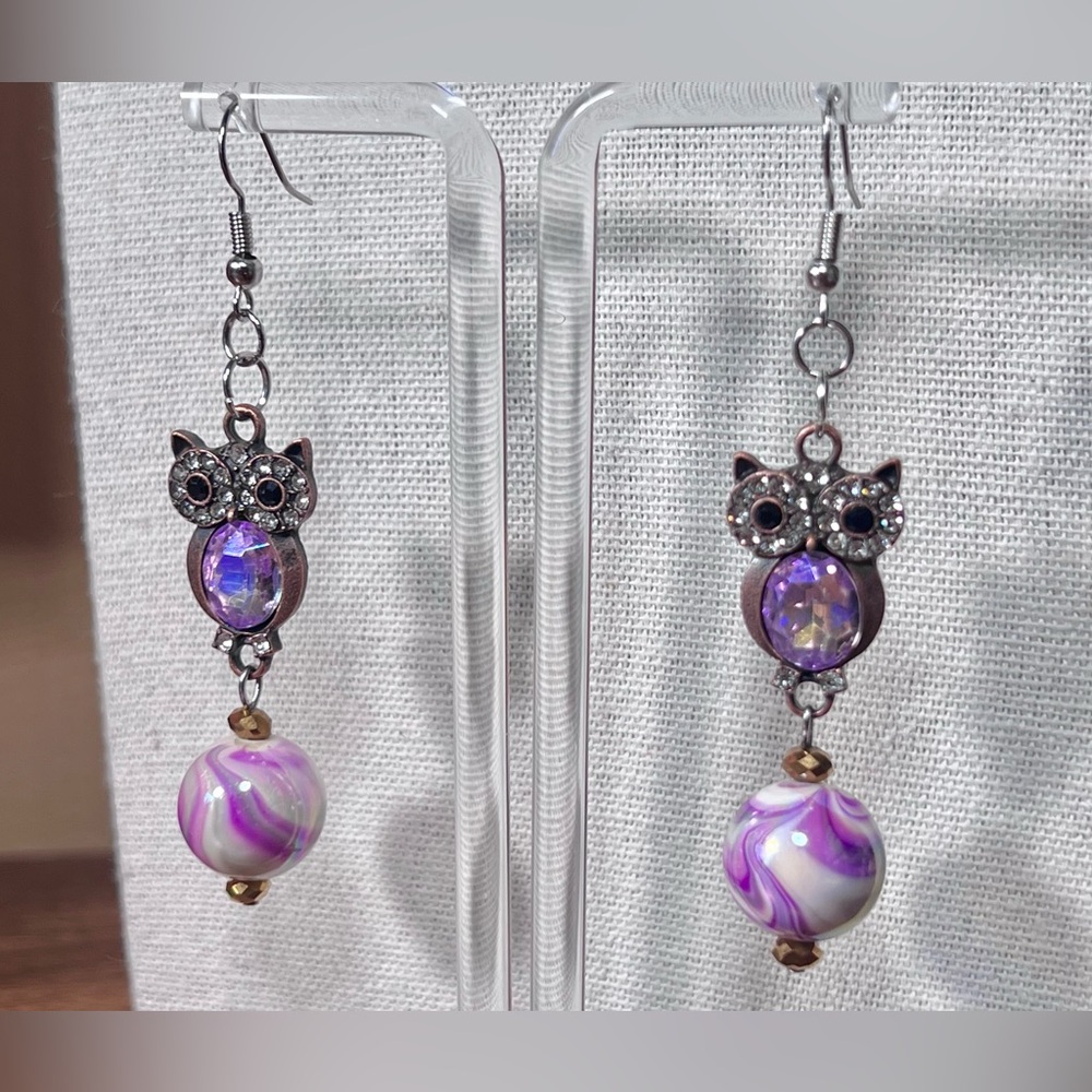 “Psychedelic Lilac” Owl Artisan beaded Drop Earrings